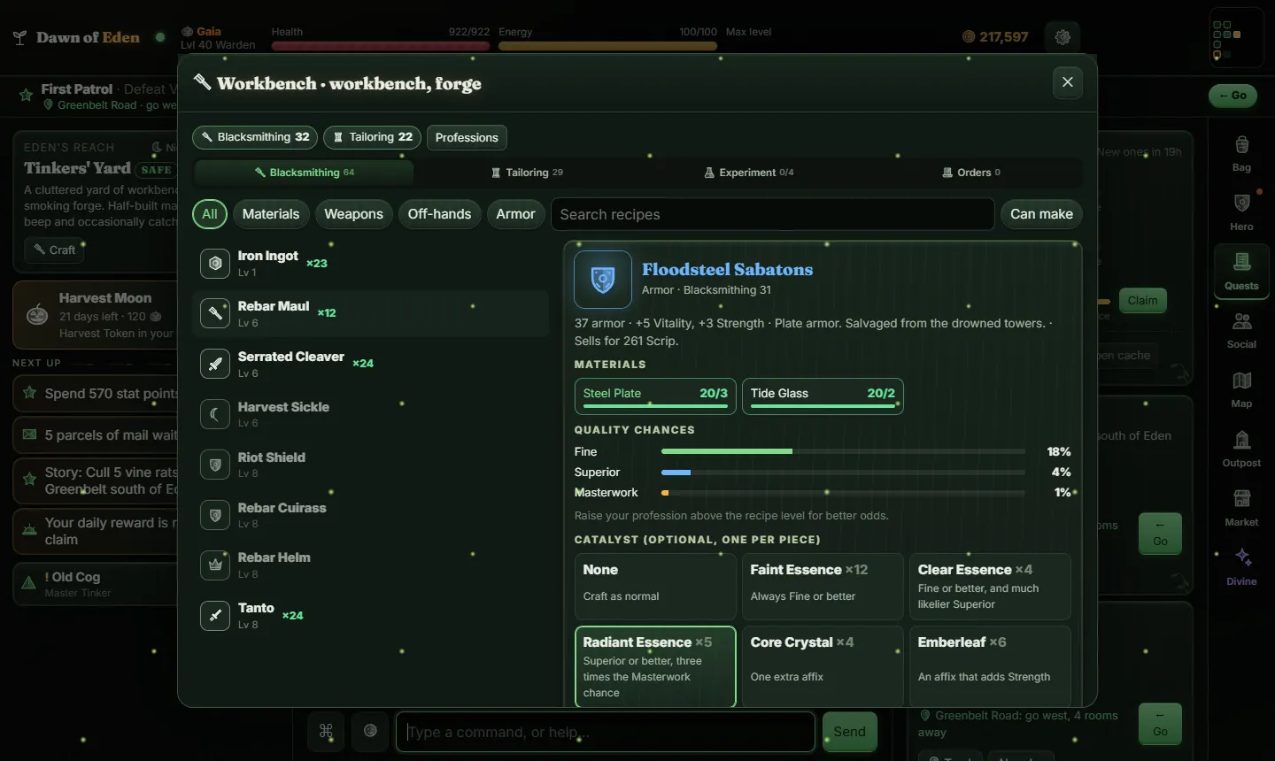 The Dawn of Eden workbench, showing a blacksmith's recipes, materials, quality chances and catalysts