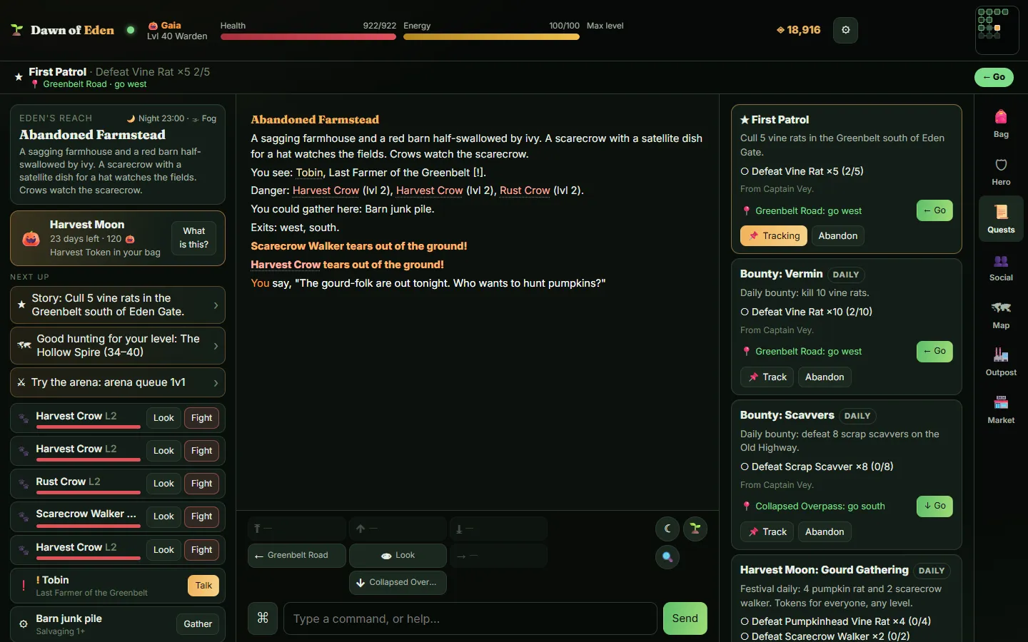 Dawn of Eden in a desktop browser: a room description, the adventure log, a quest tracker and the player's gear