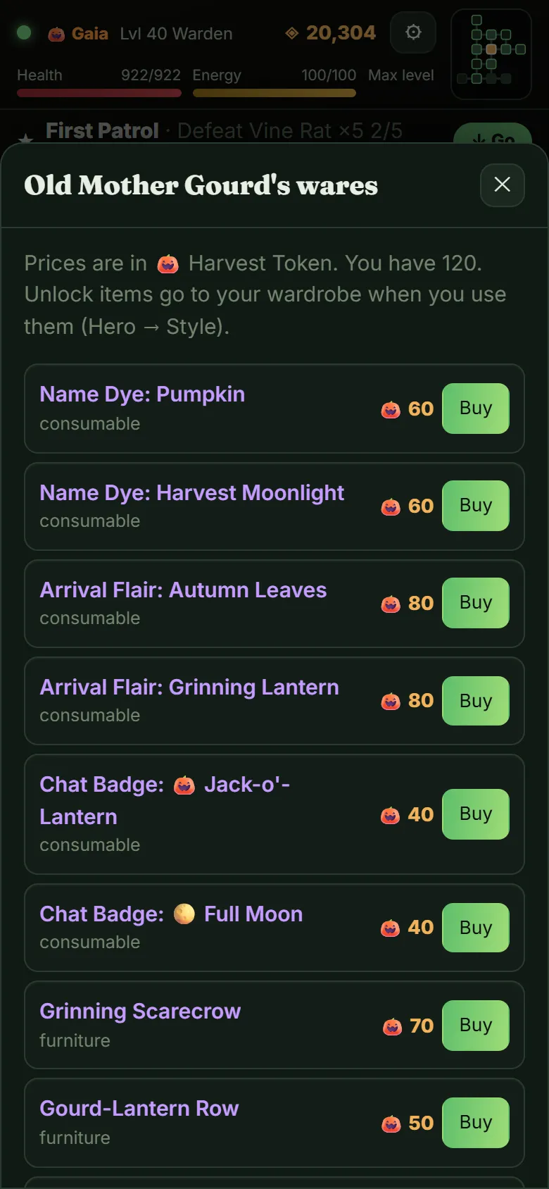 Old Mother Gourd's Harvest Moon shop in Root Square, selling name dyes, chat badges, decor and Satchel Expansion Coupons for Harvest Tokens